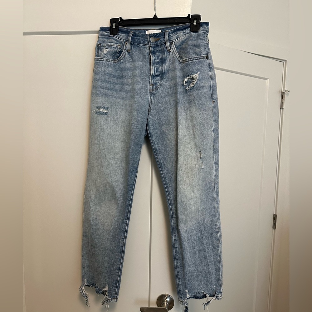 FRAME le original distressed high rise light blue straight leg jeans size 26